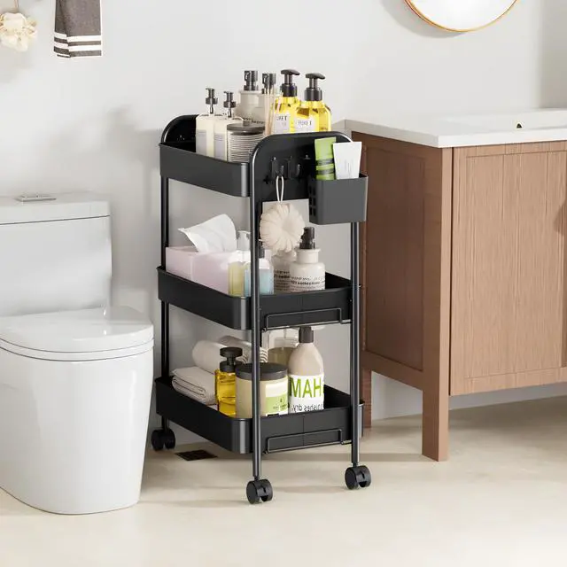 Alt view image 5 of 7 - Heavy-Duty Rolling Cart 3 Tier Metal Utility Storage Cart | with Casters, Hooks & Hanging Cups, Rolling Storage Organizer for Kitchen Office Craft Snack Book