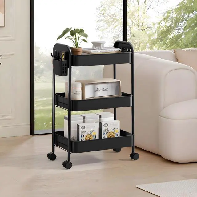Alt view image 3 of 7 - Heavy-Duty Rolling Cart 3 Tier Metal Utility Storage Cart | with Casters, Hooks & Hanging Cups, Rolling Storage Organizer for Kitchen Office Craft Snack Book