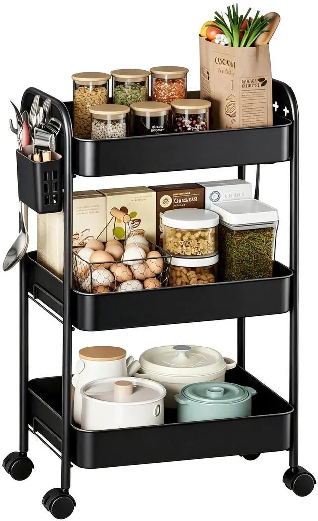 Main image of Heavy-Duty Rolling Cart 3 Tier Metal Utility Storage Cart | with Casters, Hooks & Hanging Cups, Rolling Storage Organizer for Kitchen Office Craft Snack Book