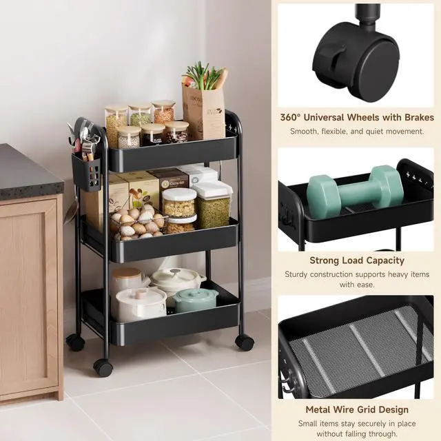 Alt view image 6 of 7 - Heavy-Duty Rolling Cart 3 Tier Metal Utility Storage Cart | with Casters, Hooks & Hanging Cups, Rolling Storage Organizer for Kitchen Office Craft Snack Book