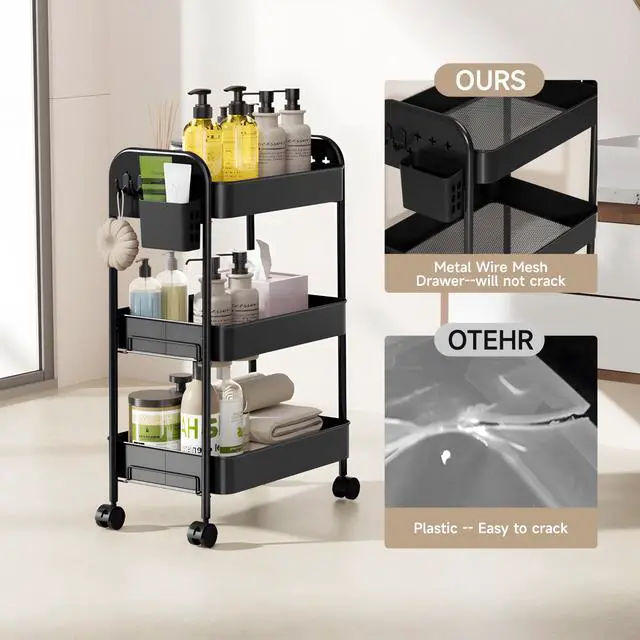 Alt view image 7 of 7 - Heavy-Duty Rolling Cart 3 Tier Metal Utility Storage Cart | with Casters, Hooks & Hanging Cups, Rolling Storage Organizer for Kitchen Office Craft Snack Book