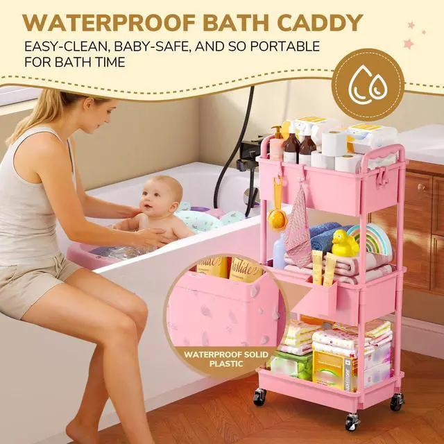 Alt view image 3 of 7 - Diaper Cart with Lockable Wheels and Easy Assembly, 3 Tier Pink | Rolling Cart for Baby Nursery Storage, Sturdy Ample Diaper Caddy Organizer for Baby Girl, Boy, New Mom, Newborn Essentials