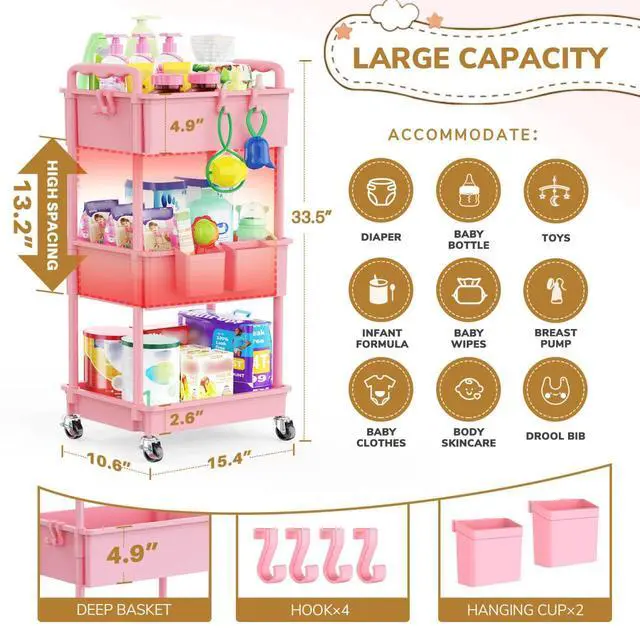 Alt view image 4 of 7 - Diaper Cart with Lockable Wheels and Easy Assembly, 3 Tier Pink | Rolling Cart for Baby Nursery Storage, Sturdy Ample Diaper Caddy Organizer for Baby Girl, Boy, New Mom, Newborn Essentials