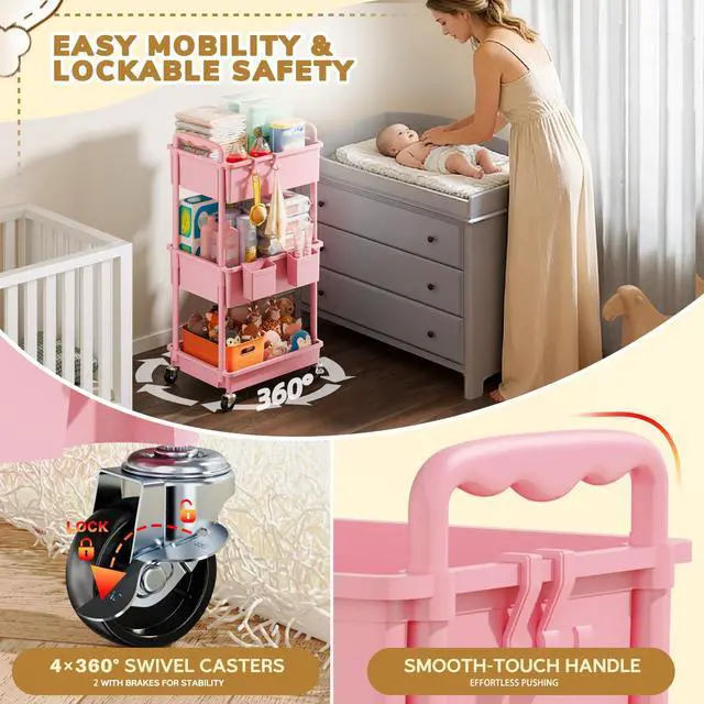 Alt view image 5 of 7 - Diaper Cart with Lockable Wheels and Easy Assembly, 3 Tier Pink | Rolling Cart for Baby Nursery Storage, Sturdy Ample Diaper Caddy Organizer for Baby Girl, Boy, New Mom, Newborn Essentials