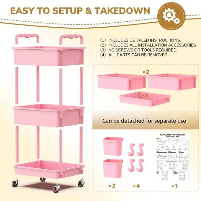 Alt view image 6 of 7 - Diaper Cart with Lockable Wheels and Easy Assembly, 3 Tier Pink | Rolling Cart for Baby Nursery Storage, Sturdy Ample Diaper Caddy Organizer for Baby Girl, Boy, New Mom, Newborn Essentials