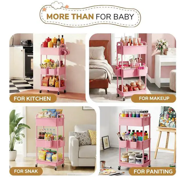 Alt view image 7 of 7 - Diaper Cart with Lockable Wheels and Easy Assembly, 3 Tier Pink | Rolling Cart for Baby Nursery Storage, Sturdy Ample Diaper Caddy Organizer for Baby Girl, Boy, New Mom, Newborn Essentials