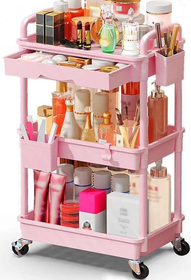 Main image of Makeup Cart Organizer with Drawer, 3 Tier Rolling Makeup Cart, Pink | Rolling Vanity Storage for Skin Care Perfume Nail Polish, Floor Skincare Organizers Cosmetics Display Bathroom Storage Cart