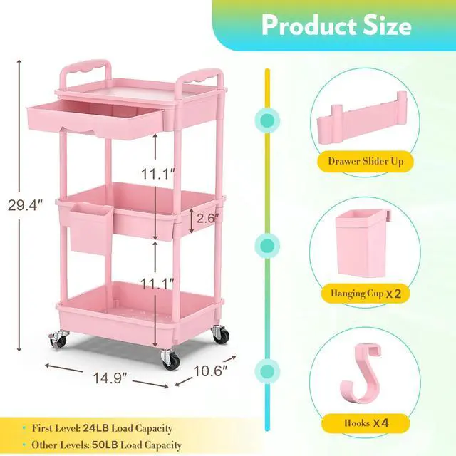 Alt view image 2 of 7 - Makeup Cart Organizer with Drawer, 3 Tier Rolling Makeup Cart, Pink | Rolling Vanity Storage for Skin Care Perfume Nail Polish, Floor Skincare Organizers Cosmetics Display Bathroom Storage Cart