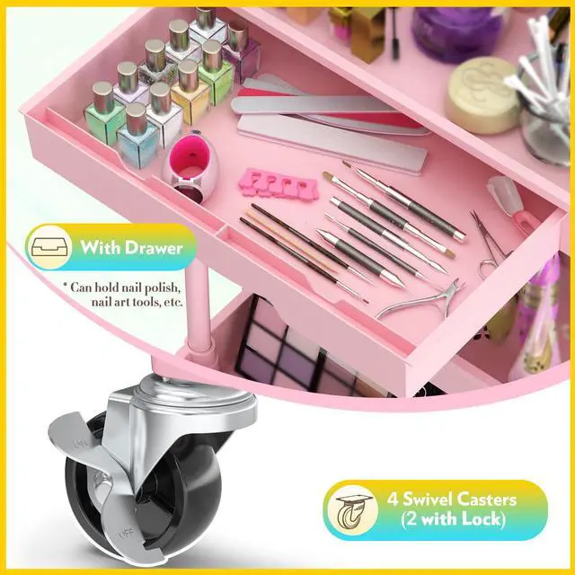 Alt view image 3 of 7 - Makeup Cart Organizer with Drawer, 3 Tier Rolling Makeup Cart, Pink | Rolling Vanity Storage for Skin Care Perfume Nail Polish, Floor Skincare Organizers Cosmetics Display Bathroom Storage Cart