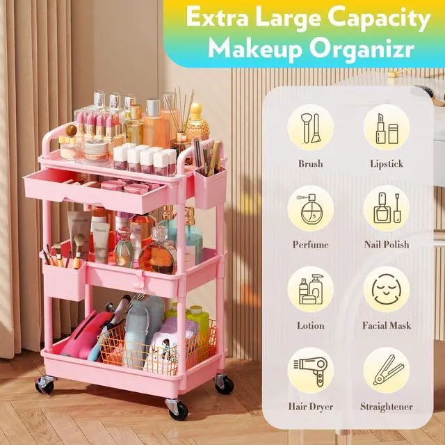 Alt view image 4 of 7 - Makeup Cart Organizer with Drawer, 3 Tier Rolling Makeup Cart, Pink | Rolling Vanity Storage for Skin Care Perfume Nail Polish, Floor Skincare Organizers Cosmetics Display Bathroom Storage Cart