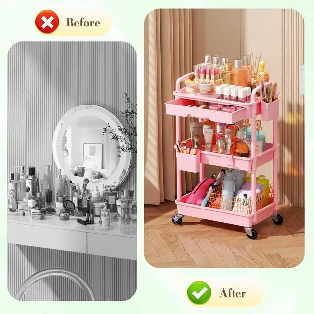 Alt view image 5 of 7 - Makeup Cart Organizer with Drawer, 3 Tier Rolling Makeup Cart, Pink | Rolling Vanity Storage for Skin Care Perfume Nail Polish, Floor Skincare Organizers Cosmetics Display Bathroom Storage Cart