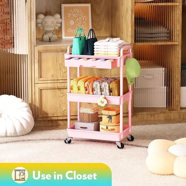 Alt view image 6 of 7 - Makeup Cart Organizer with Drawer, 3 Tier Rolling Makeup Cart, Pink | Rolling Vanity Storage for Skin Care Perfume Nail Polish, Floor Skincare Organizers Cosmetics Display Bathroom Storage Cart