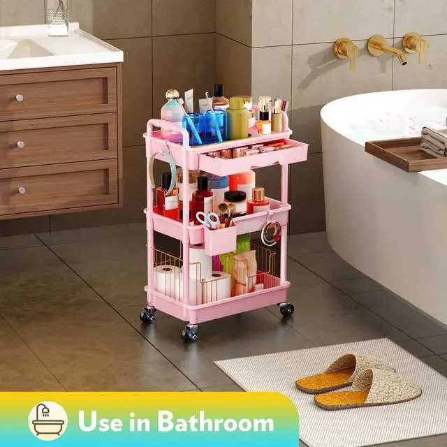 Alt view image 7 of 7 - Makeup Cart Organizer with Drawer, 3 Tier Rolling Makeup Cart, Pink | Rolling Vanity Storage for Skin Care Perfume Nail Polish, Floor Skincare Organizers Cosmetics Display Bathroom Storage Cart