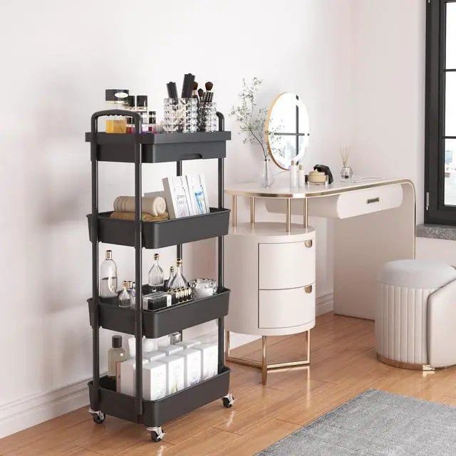 Alt view image 2 of 7 - 4-Tier Utility Cart with Drawer & Wheels, Storage for Home,Office | Space-Saving Organizer, Sturdy Plastic Shelves, Smooth-Rolling Metal Wheels, Built-in Drawer for Small Items, Black