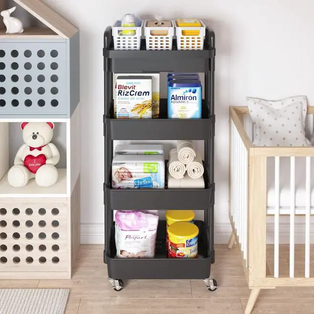 Alt view image 3 of 7 - 4-Tier Utility Cart with Drawer & Wheels, Storage for Home,Office | Space-Saving Organizer, Sturdy Plastic Shelves, Smooth-Rolling Metal Wheels, Built-in Drawer for Small Items, Black