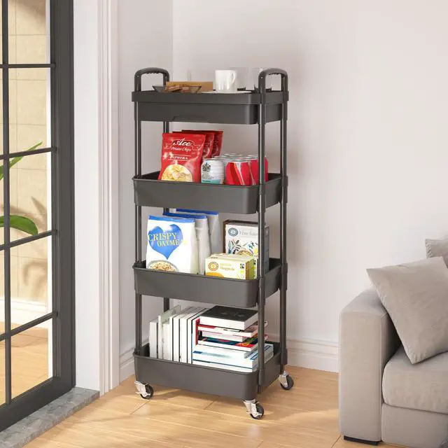 Alt view image 4 of 7 - 4-Tier Utility Cart with Drawer & Wheels, Storage for Home,Office | Space-Saving Organizer, Sturdy Plastic Shelves, Smooth-Rolling Metal Wheels, Built-in Drawer for Small Items, Black