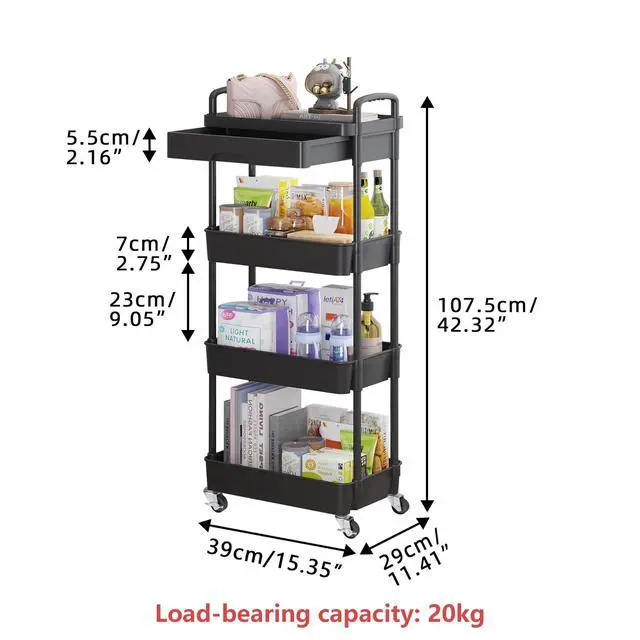 Alt view image 5 of 7 - 4-Tier Utility Cart with Drawer & Wheels, Storage for Home,Office | Space-Saving Organizer, Sturdy Plastic Shelves, Smooth-Rolling Metal Wheels, Built-in Drawer for Small Items, Black