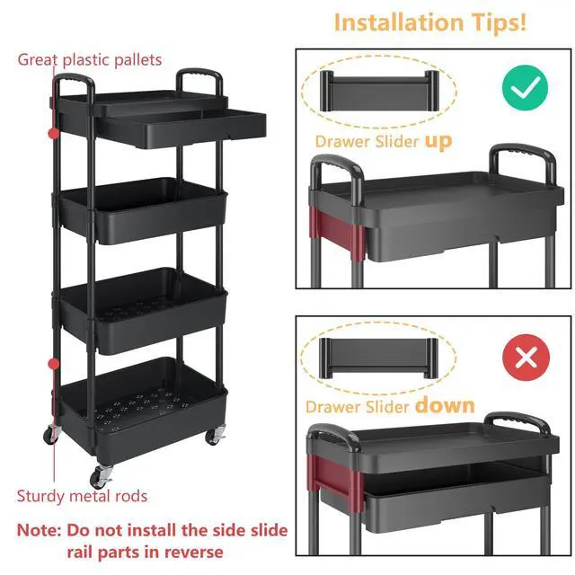 Alt view image 6 of 7 - 4-Tier Utility Cart with Drawer & Wheels, Storage for Home,Office | Space-Saving Organizer, Sturdy Plastic Shelves, Smooth-Rolling Metal Wheels, Built-in Drawer for Small Items, Black