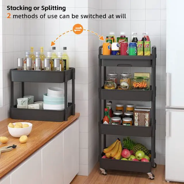 Alt view image 7 of 7 - 4-Tier Utility Cart with Drawer & Wheels, Storage for Home,Office | Space-Saving Organizer, Sturdy Plastic Shelves, Smooth-Rolling Metal Wheels, Built-in Drawer for Small Items, Black