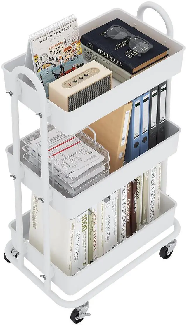 Main image of 3-Tier Utility Cart with Wheels, Rolling Cart, Storage Shelves, Multi-Functional Organizer Cart for Bathroom, Office, Kitchen, White