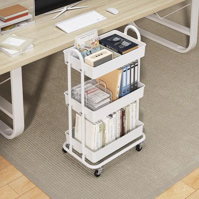 Alt view image 2 of 7 - 3-Tier Utility Cart with Wheels, Rolling Cart, Storage Shelves, Multi-Functional Organizer Cart for Bathroom, Office, Kitchen, White