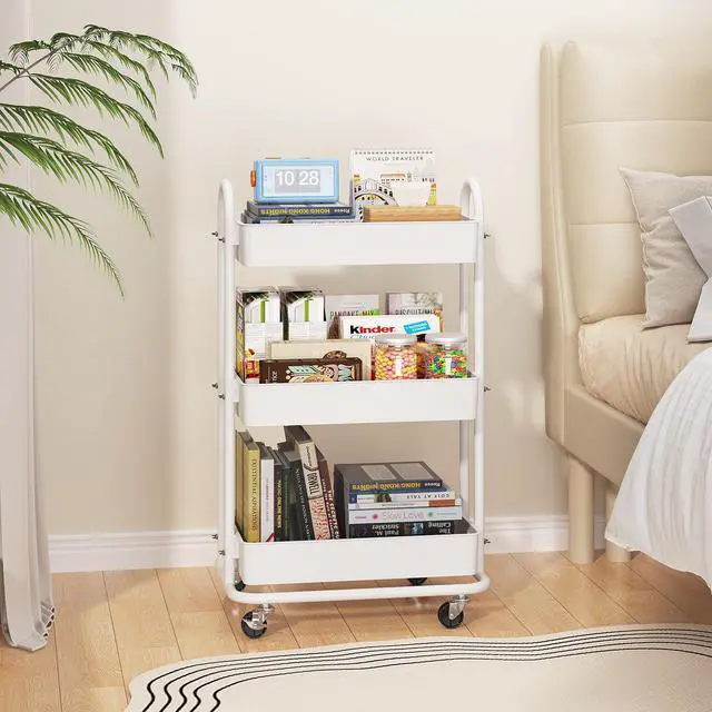 Alt view image 3 of 7 - 3-Tier Utility Cart with Wheels, Rolling Cart, Storage Shelves, Multi-Functional Organizer Cart for Bathroom, Office, Kitchen, White