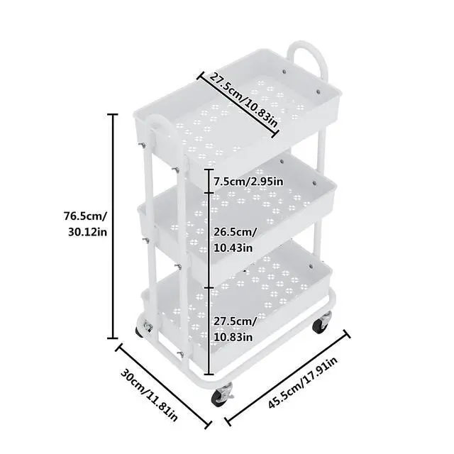 Alt view image 7 of 7 - 3-Tier Utility Cart with Wheels, Rolling Cart, Storage Shelves, Multi-Functional Organizer Cart for Bathroom, Office, Kitchen, White