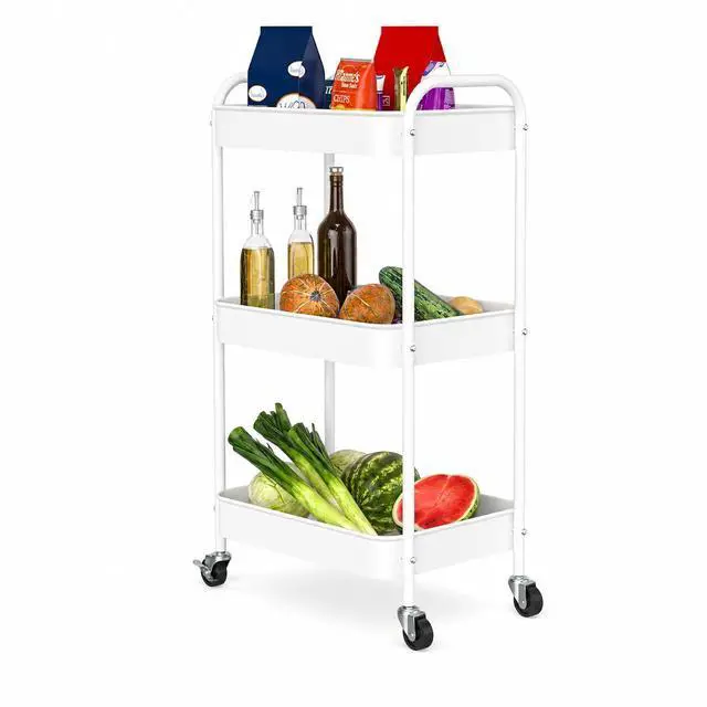 Main image of 3-Tier Rolling Cart, Metal Utility Storage Carts with Wheels,White | Multi-Functional Organizer Snack Cart Easy Assembly
