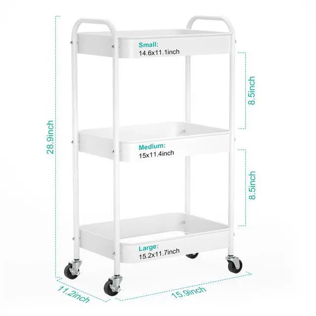 Alt view image 2 of 7 - 3-Tier Rolling Cart, Metal Utility Storage Carts with Wheels,White | Multi-Functional Organizer Snack Cart Easy Assembly