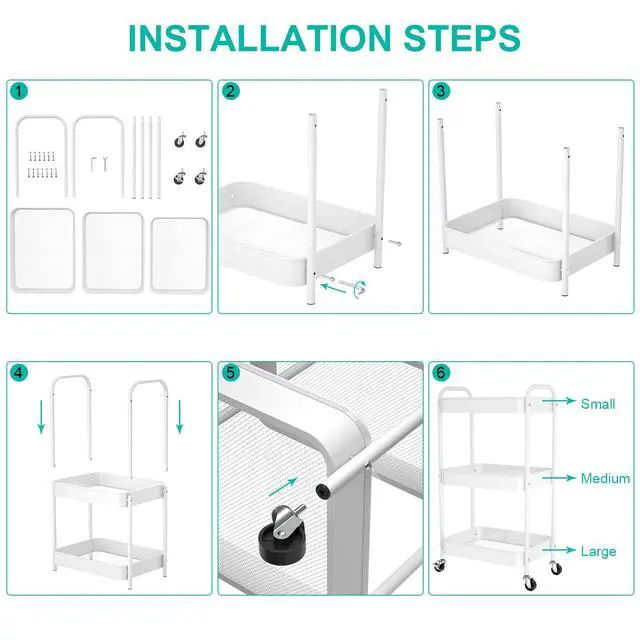 Alt view image 3 of 7 - 3-Tier Rolling Cart, Metal Utility Storage Carts with Wheels,White | Multi-Functional Organizer Snack Cart Easy Assembly