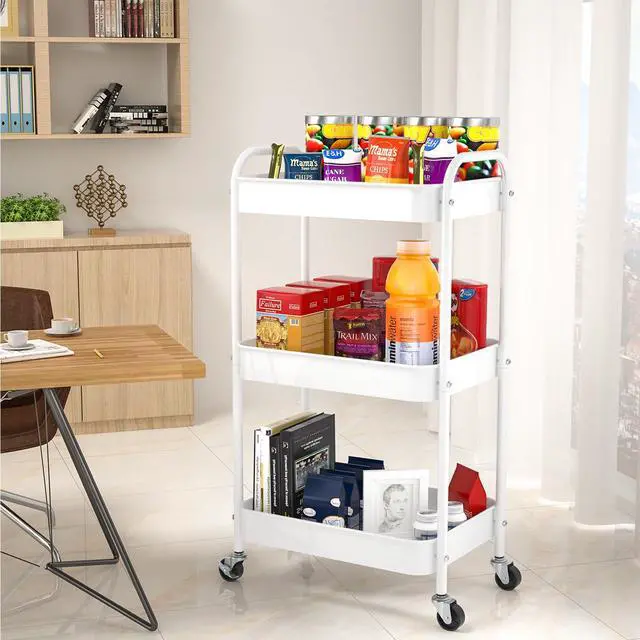 Alt view image 4 of 7 - 3-Tier Rolling Cart, Metal Utility Storage Carts with Wheels,White | Multi-Functional Organizer Snack Cart Easy Assembly