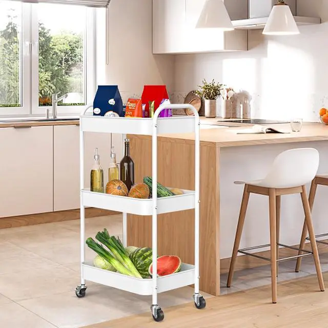Alt view image 5 of 7 - 3-Tier Rolling Cart, Metal Utility Storage Carts with Wheels,White | Multi-Functional Organizer Snack Cart Easy Assembly