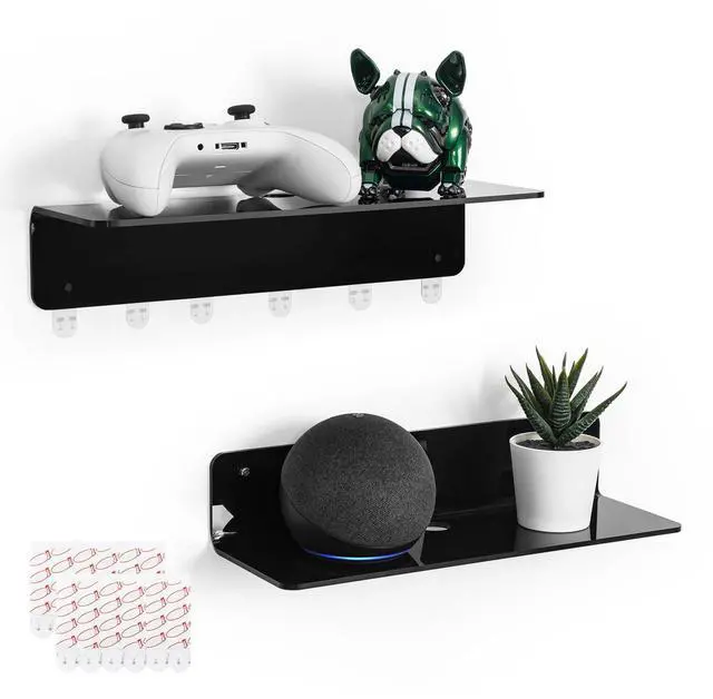 Main image of Acrylic Floating Wall Shelves Black, Damage Free, 12 Inch 2 Pack | Strong Tape Adhesive Wall Shelf No Drill, Easy Installation, Hole Design with Cable Clips, Small Spaces Bedroom Bathroom