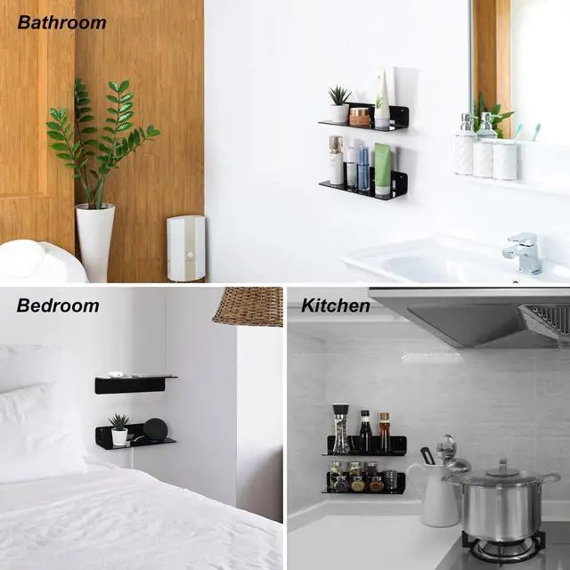 Alt view image 2 of 7 - Acrylic Floating Wall Shelves Black, Damage Free, 12 Inch 2 Pack | Strong Tape Adhesive Wall Shelf No Drill, Easy Installation, Hole Design with Cable Clips, Small Spaces Bedroom Bathroom