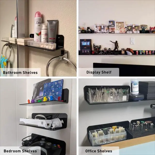 Alt view image 3 of 7 - Acrylic Floating Wall Shelves Black, Damage Free, 12 Inch 2 Pack | Strong Tape Adhesive Wall Shelf No Drill, Easy Installation, Hole Design with Cable Clips, Small Spaces Bedroom Bathroom