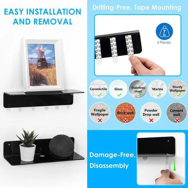 Alt view image 4 of 7 - Acrylic Floating Wall Shelves Black, Damage Free, 12 Inch 2 Pack | Strong Tape Adhesive Wall Shelf No Drill, Easy Installation, Hole Design with Cable Clips, Small Spaces Bedroom Bathroom