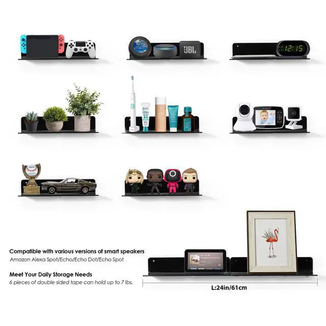 Alt view image 7 of 7 - Acrylic Floating Wall Shelves Black, Damage Free, 12 Inch 2 Pack | Strong Tape Adhesive Wall Shelf No Drill, Easy Installation, Hole Design with Cable Clips, Small Spaces Bedroom Bathroom