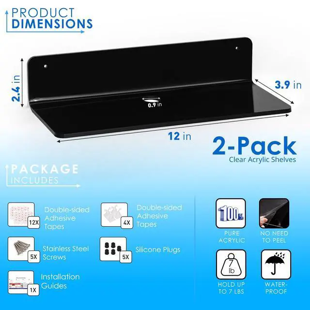 Alt view image 6 of 7 - Acrylic Floating Wall Shelves Black, Damage Free, 12 Inch 2 Pack | Strong Tape Adhesive Wall Shelf No Drill, Easy Installation, Hole Design with Cable Clips, Small Spaces Bedroom Bathroom