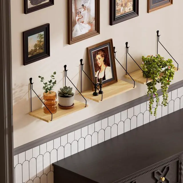 Alt view image 2 of 7 - Elevate Your Space with Rustic Wood Floating Shelves Set of 3- Perfect for Bedroom, Living Room, Bathroom, and Kitchen Decor - Easy Installation, No Drilling Needed!