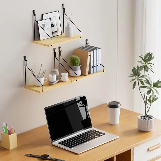 Alt view image 6 of 7 - Elevate Your Space with Rustic Wood Floating Shelves Set of 3- Perfect for Bedroom, Living Room, Bathroom, and Kitchen Decor - Easy Installation, No Drilling Needed!