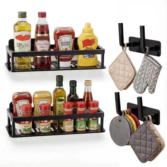 Main image of 2pc Wall Mounted Floating Shelf, Detachable Storage Rack,No Drill Shelves for Wall,Floating Shelves Damage-Free Expand Walls Space for Living Room Kitchen Bathroom (4, Black)