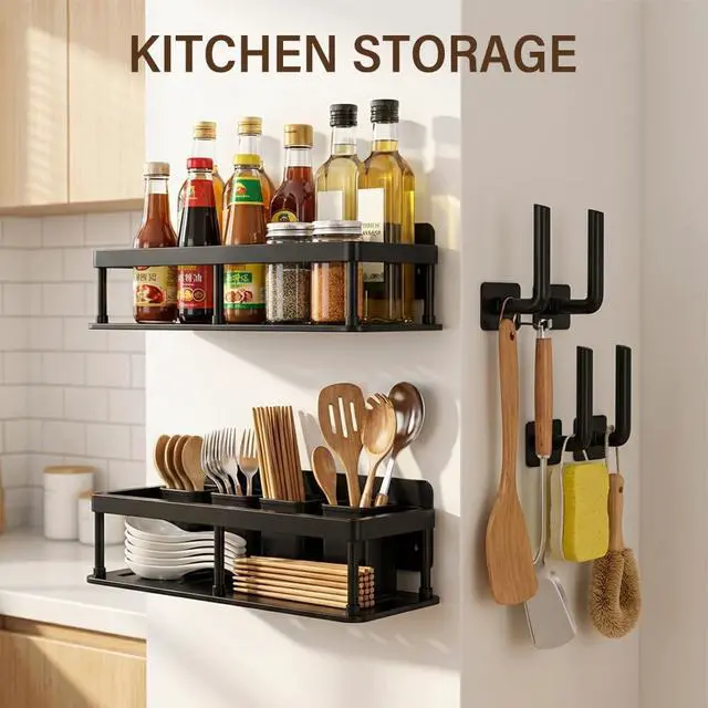 Alt view image 6 of 7 - 2pc Wall Mounted Floating Shelf, Detachable Storage Rack,No Drill Shelves for Wall,Floating Shelves Damage-Free Expand Walls Space for Living Room Kitchen Bathroom (4, Black)