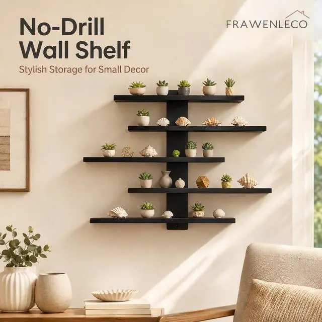 Alt view image 2 of 7 - No Drill Wall Shelf, 5-Tier Black Floating Shelves with Adhesive, Damage-Free Wall Mounted Organizer for Bathroom, Kitchen, Living Room, Bedroom(Black)