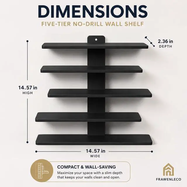 Alt view image 3 of 7 - No Drill Wall Shelf, 5-Tier Black Floating Shelves with Adhesive, Damage-Free Wall Mounted Organizer for Bathroom, Kitchen, Living Room, Bedroom(Black)