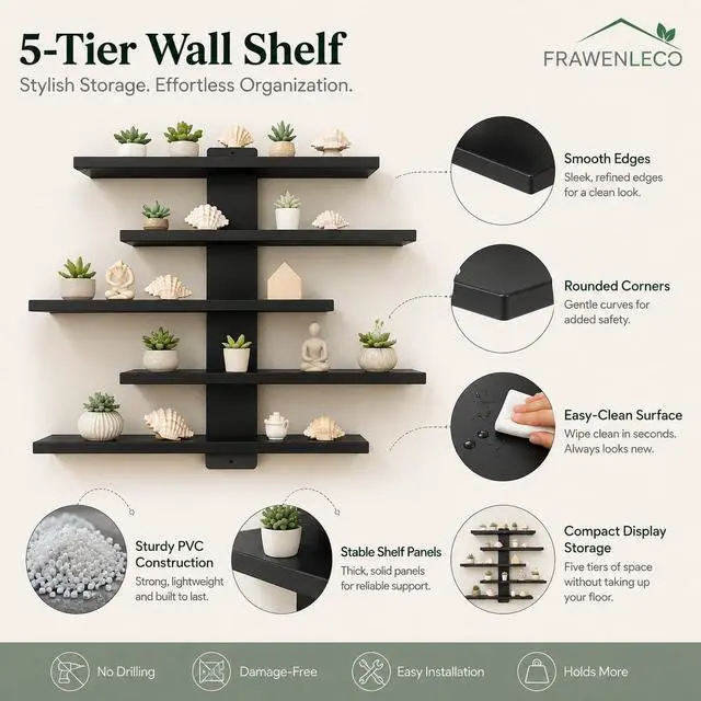 Alt view image 5 of 7 - No Drill Wall Shelf, 5-Tier Black Floating Shelves with Adhesive, Damage-Free Wall Mounted Organizer for Bathroom, Kitchen, Living Room, Bedroom(Black)