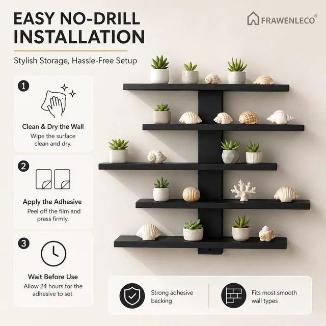 Alt view image 7 of 7 - No Drill Wall Shelf, 5-Tier Black Floating Shelves with Adhesive, Damage-Free Wall Mounted Organizer for Bathroom, Kitchen, Living Room, Bedroom(Black)