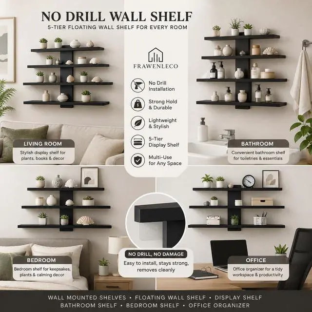 Alt view image 6 of 7 - No Drill Wall Shelf, 5-Tier Black Floating Shelves with Adhesive, Damage-Free Wall Mounted Organizer for Bathroom, Kitchen, Living Room, Bedroom(Black)