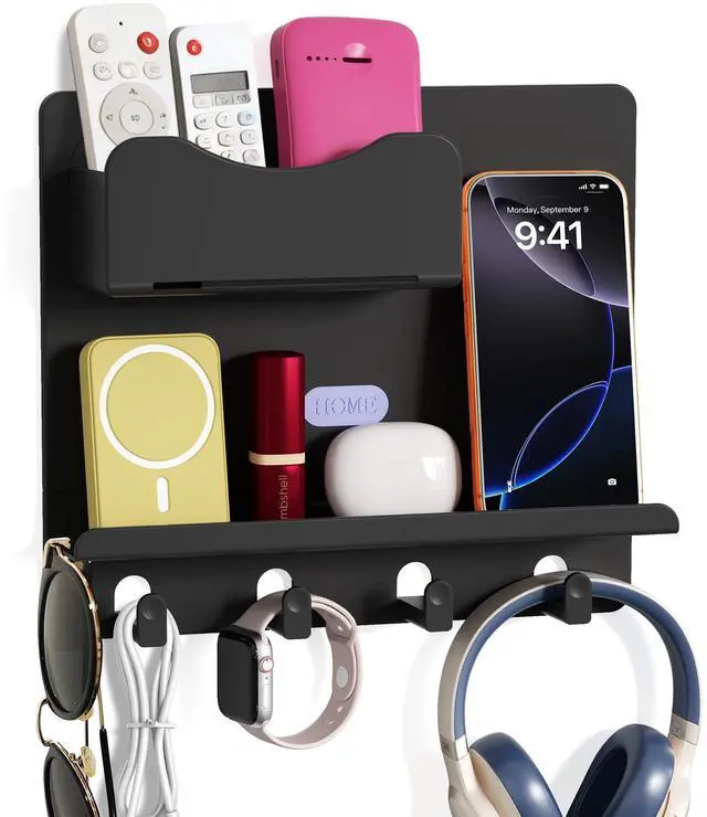 Main image of Floating Shelves for Bedside Shelf Accessories Organizer, Wall Mount Self Stick On, Cute Room Decor Aesthetic, Girls Room Decor, Cool Stuff for Bedroom Storage and Organization Black