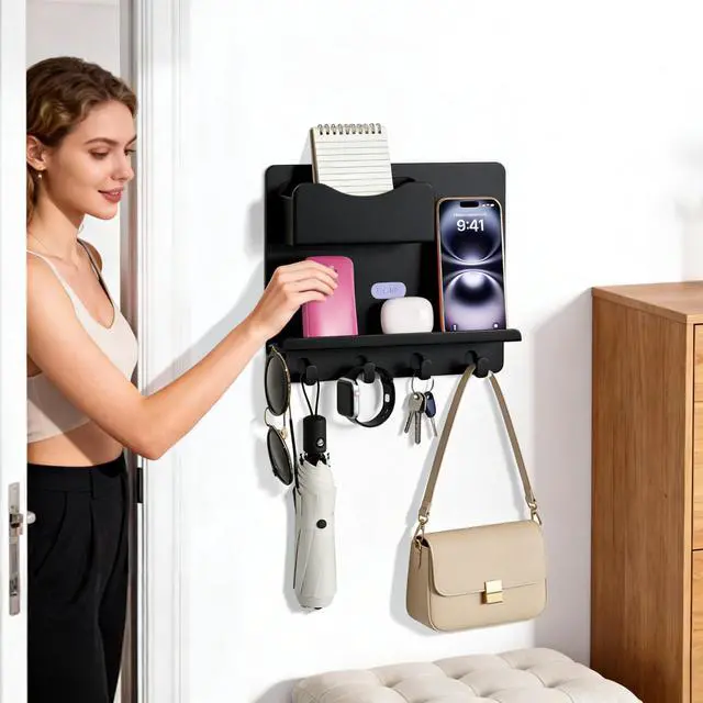 Alt view image 2 of 7 - Floating Shelves for Bedside Shelf Accessories Organizer, Wall Mount Self Stick On, Cute Room Decor Aesthetic, Girls Room Decor, Cool Stuff for Bedroom Storage and Organization Black