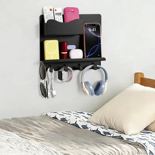 Alt view image 7 of 7 - Floating Shelves for Bedside Shelf Accessories Organizer, Wall Mount Self Stick On, Cute Room Decor Aesthetic, Girls Room Decor, Cool Stuff for Bedroom Storage and Organization Black